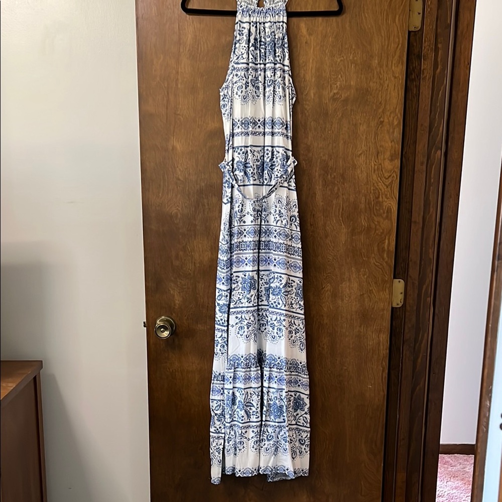 Blue and White Patterned Maxi Dress